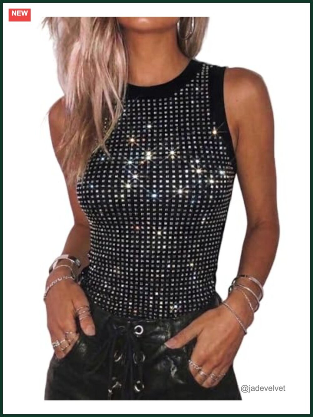 Women's Sleeveless Rhinestone Tank Top - Sparkly Ribbed Summer Top